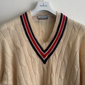 Kent & Curwen Cable Knit Ivory Wool Navy Red Stripes V-Neck Cricket Sweater- XL